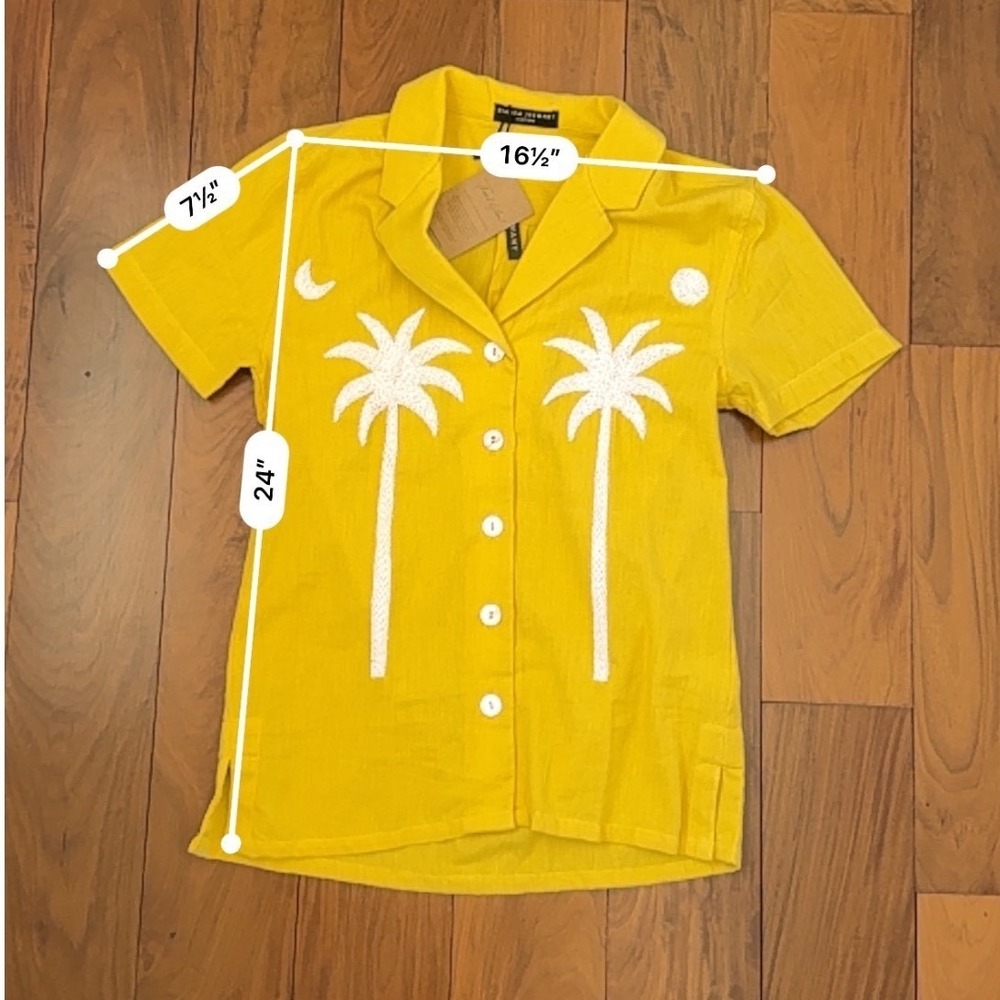 Bianca Jeswant XS Yellow Hand Embroidered Palm Tree 100% Cotton Camp Shirt NWT - Picture 2 of 5